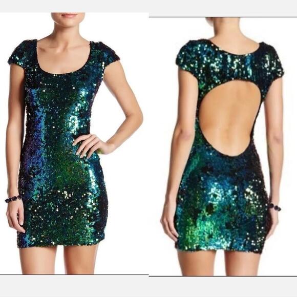 Dress the Population Gabrielle Sequin‎ Mini Dress Open Back Blue Green Purple XS - Picture 9 of 9
